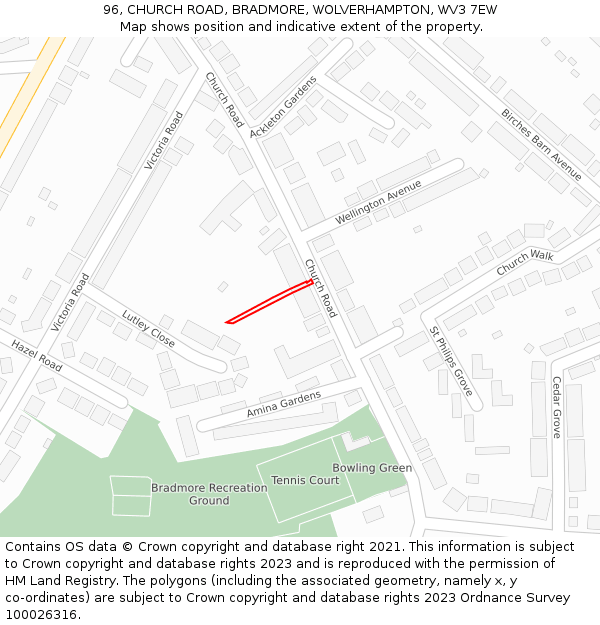 96, CHURCH ROAD, BRADMORE, WOLVERHAMPTON, WV3 7EW: Location map and indicative extent of plot