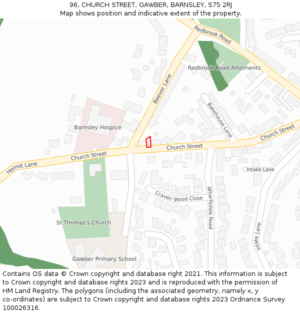 96, CHURCH STREET, GAWBER, BARNSLEY, S75 2RJ: Location map and indicative extent of plot
