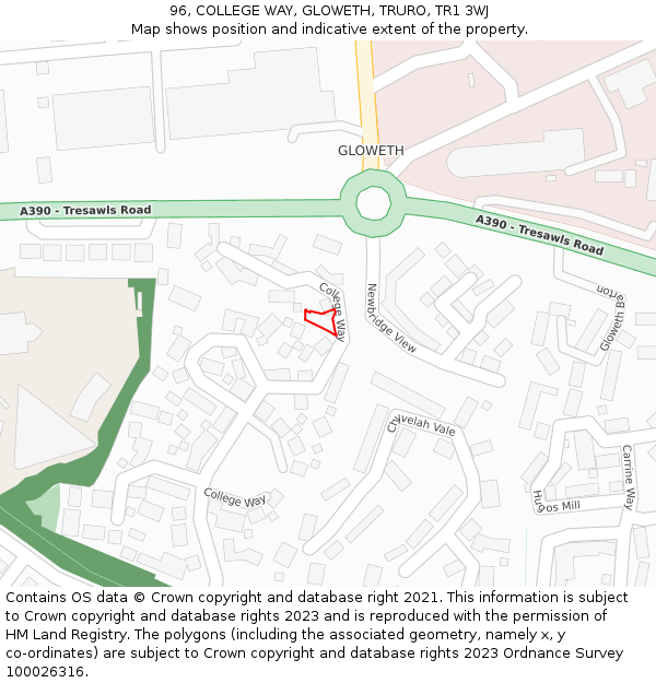 96, COLLEGE WAY, GLOWETH, TRURO, TR1 3WJ: Location map and indicative extent of plot