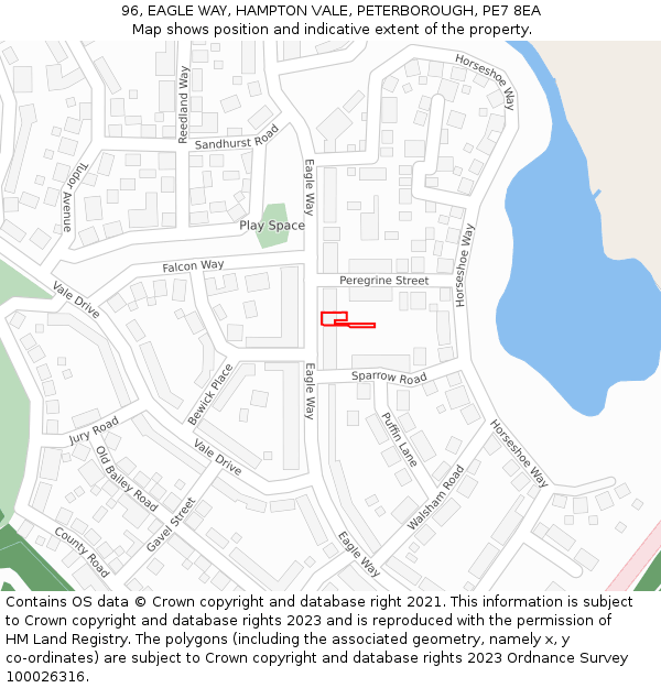 96, EAGLE WAY, HAMPTON VALE, PETERBOROUGH, PE7 8EA: Location map and indicative extent of plot