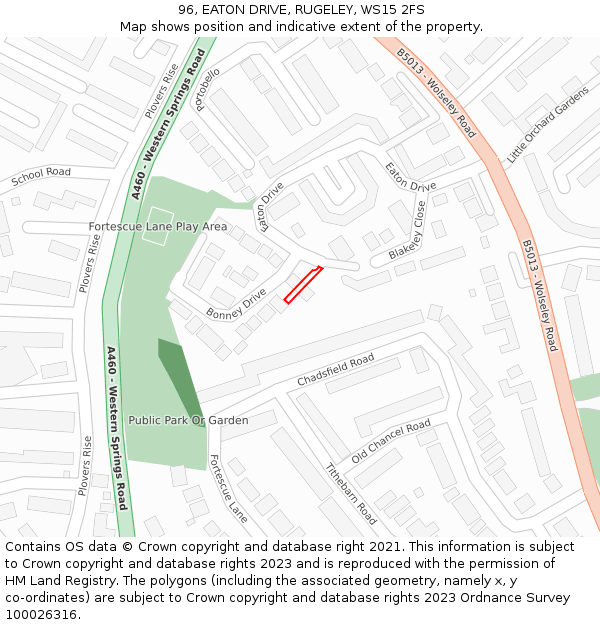 96, EATON DRIVE, RUGELEY, WS15 2FS: Location map and indicative extent of plot