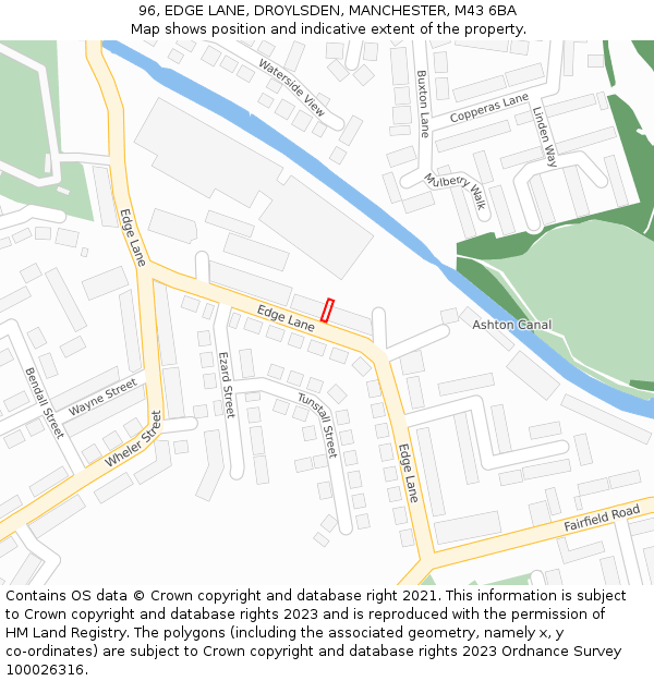 96, EDGE LANE, DROYLSDEN, MANCHESTER, M43 6BA: Location map and indicative extent of plot