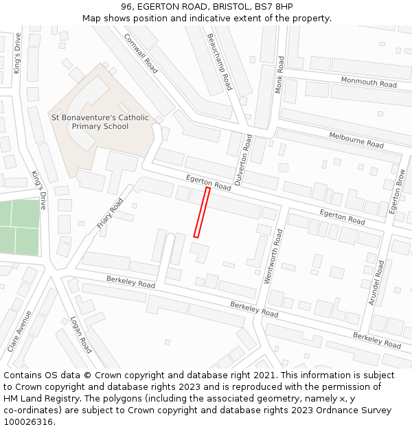 96, EGERTON ROAD, BRISTOL, BS7 8HP: Location map and indicative extent of plot