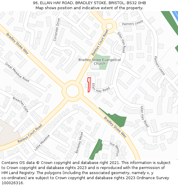 96, ELLAN HAY ROAD, BRADLEY STOKE, BRISTOL, BS32 0HB: Location map and indicative extent of plot