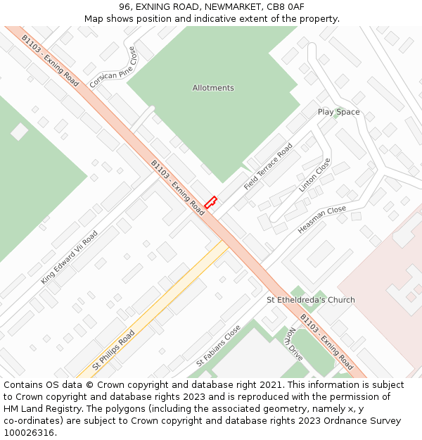 96, EXNING ROAD, NEWMARKET, CB8 0AF: Location map and indicative extent of plot
