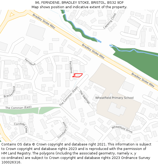 96, FERNDENE, BRADLEY STOKE, BRISTOL, BS32 9DF: Location map and indicative extent of plot