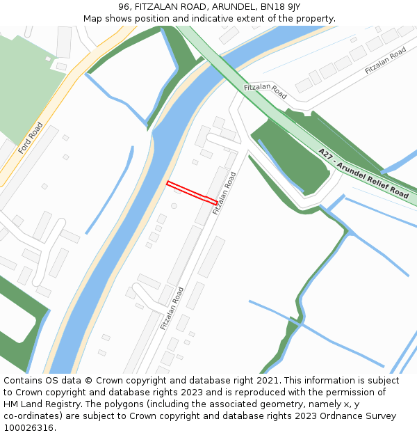 96, FITZALAN ROAD, ARUNDEL, BN18 9JY: Location map and indicative extent of plot