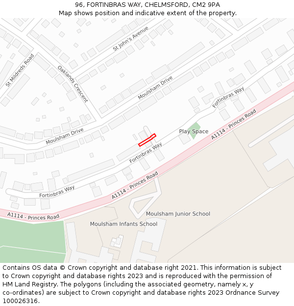 96, FORTINBRAS WAY, CHELMSFORD, CM2 9PA: Location map and indicative extent of plot