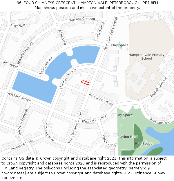 96, FOUR CHIMNEYS CRESCENT, HAMPTON VALE, PETERBOROUGH, PE7 8FH: Location map and indicative extent of plot