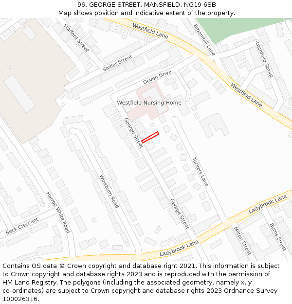 96, GEORGE STREET, MANSFIELD, NG19 6SB: Location map and indicative extent of plot
