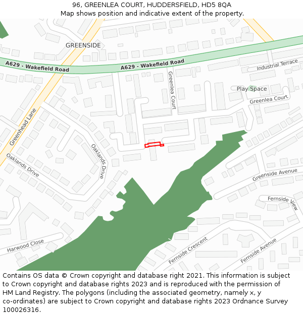 96, GREENLEA COURT, HUDDERSFIELD, HD5 8QA: Location map and indicative extent of plot