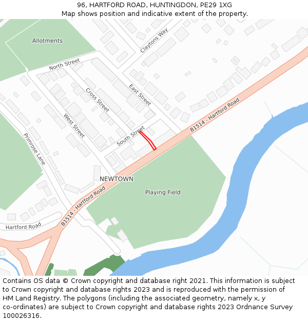 96, HARTFORD ROAD, HUNTINGDON, PE29 1XG: Location map and indicative extent of plot