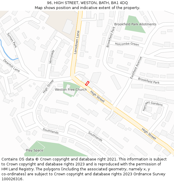 96, HIGH STREET, WESTON, BATH, BA1 4DQ: Location map and indicative extent of plot