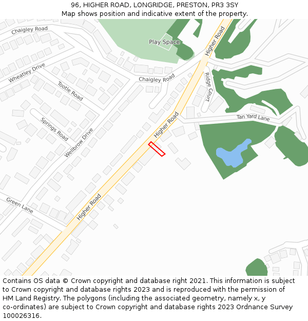 96, HIGHER ROAD, LONGRIDGE, PRESTON, PR3 3SY: Location map and indicative extent of plot