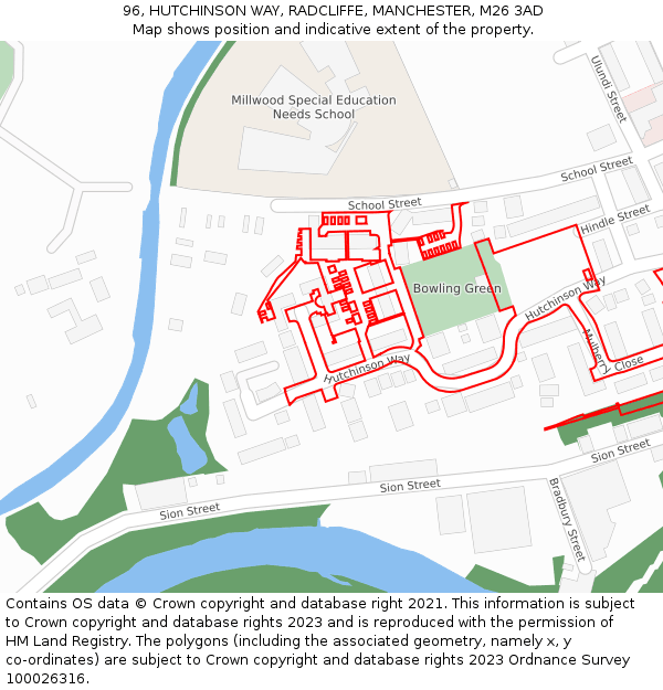 96, HUTCHINSON WAY, RADCLIFFE, MANCHESTER, M26 3AD: Location map and indicative extent of plot