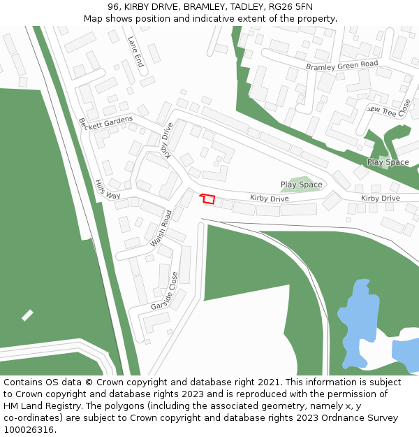96, KIRBY DRIVE, BRAMLEY, TADLEY, RG26 5FN: Location map and indicative extent of plot