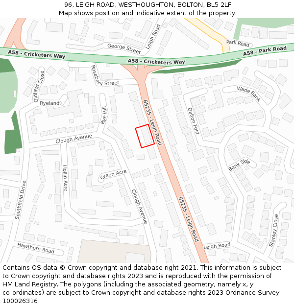 96, LEIGH ROAD, WESTHOUGHTON, BOLTON, BL5 2LF: Location map and indicative extent of plot