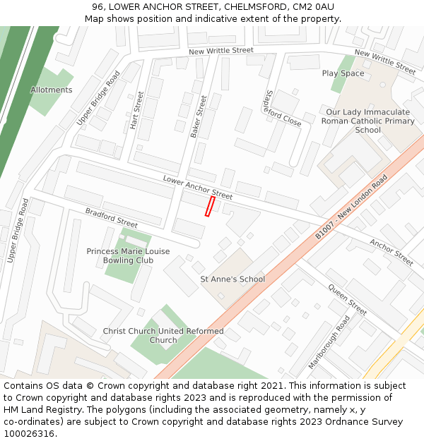96, LOWER ANCHOR STREET, CHELMSFORD, CM2 0AU: Location map and indicative extent of plot