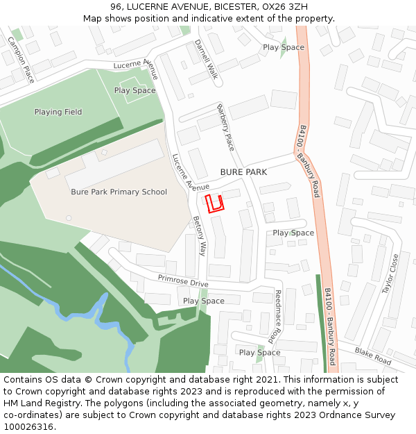 96, LUCERNE AVENUE, BICESTER, OX26 3ZH: Location map and indicative extent of plot