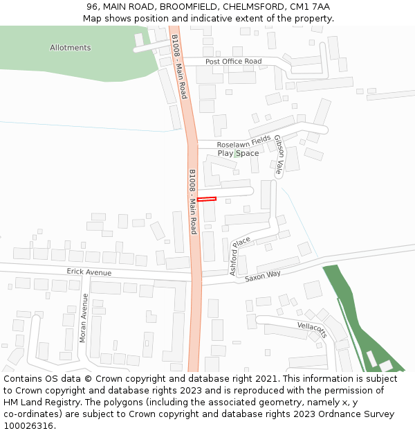 96, MAIN ROAD, BROOMFIELD, CHELMSFORD, CM1 7AA: Location map and indicative extent of plot