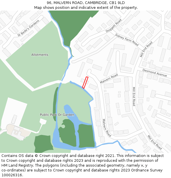 96, MALVERN ROAD, CAMBRIDGE, CB1 9LD: Location map and indicative extent of plot