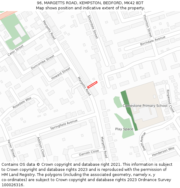96, MARGETTS ROAD, KEMPSTON, BEDFORD, MK42 8DT: Location map and indicative extent of plot