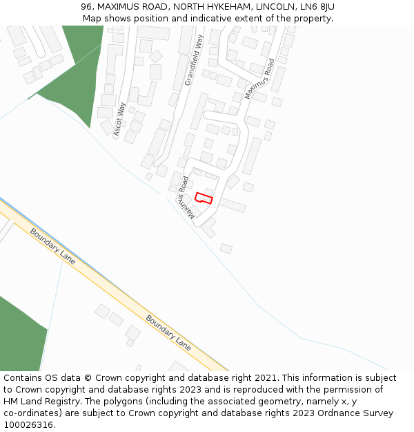 96, MAXIMUS ROAD, NORTH HYKEHAM, LINCOLN, LN6 8JU: Location map and indicative extent of plot
