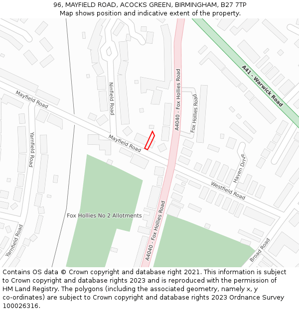 96, MAYFIELD ROAD, ACOCKS GREEN, BIRMINGHAM, B27 7TP: Location map and indicative extent of plot