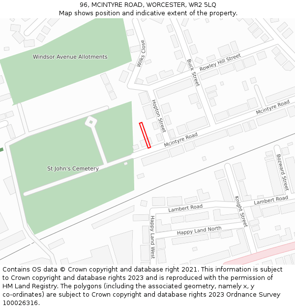 96, MCINTYRE ROAD, WORCESTER, WR2 5LQ: Location map and indicative extent of plot