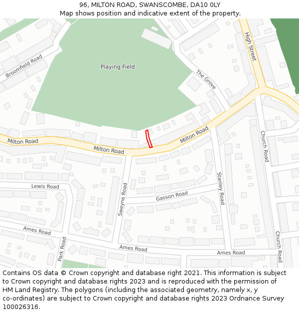 96, MILTON ROAD, SWANSCOMBE, DA10 0LY: Location map and indicative extent of plot
