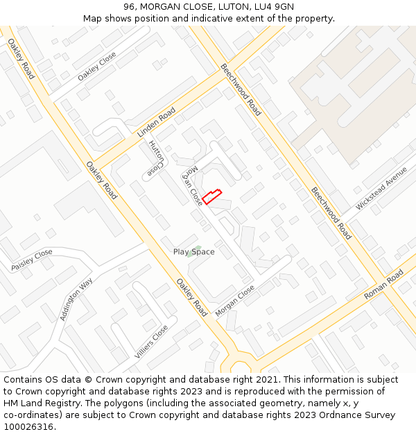96, MORGAN CLOSE, LUTON, LU4 9GN: Location map and indicative extent of plot
