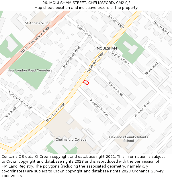 96, MOULSHAM STREET, CHELMSFORD, CM2 0JF: Location map and indicative extent of plot