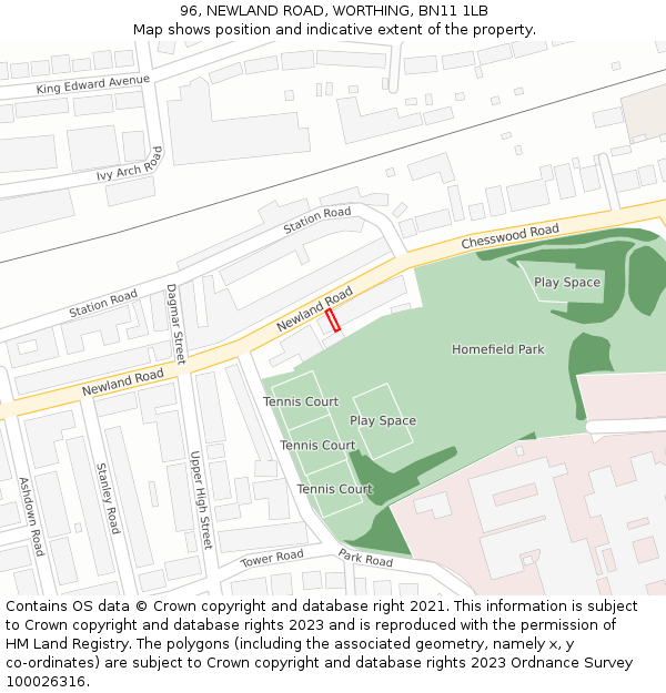 96, NEWLAND ROAD, WORTHING, BN11 1LB: Location map and indicative extent of plot