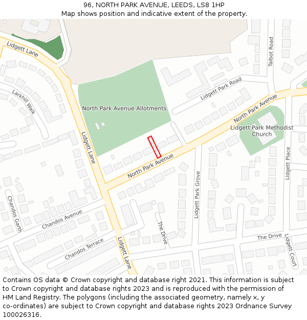 96, NORTH PARK AVENUE, LEEDS, LS8 1HP: Location map and indicative extent of plot
