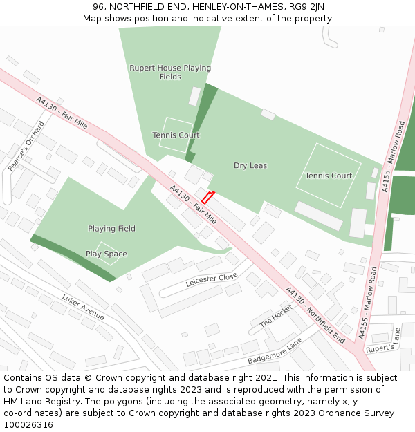 96, NORTHFIELD END, HENLEY-ON-THAMES, RG9 2JN: Location map and indicative extent of plot