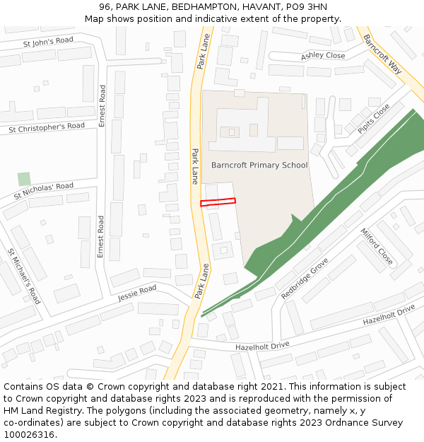 96, PARK LANE, BEDHAMPTON, HAVANT, PO9 3HN: Location map and indicative extent of plot