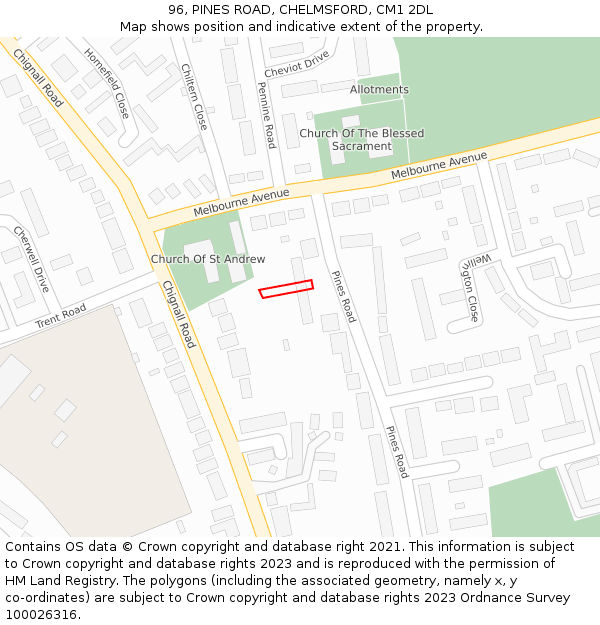 96, PINES ROAD, CHELMSFORD, CM1 2DL: Location map and indicative extent of plot