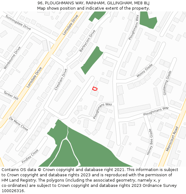 96, PLOUGHMANS WAY, RAINHAM, GILLINGHAM, ME8 8LJ: Location map and indicative extent of plot