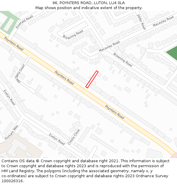 96, POYNTERS ROAD, LUTON, LU4 0LA: Location map and indicative extent of plot