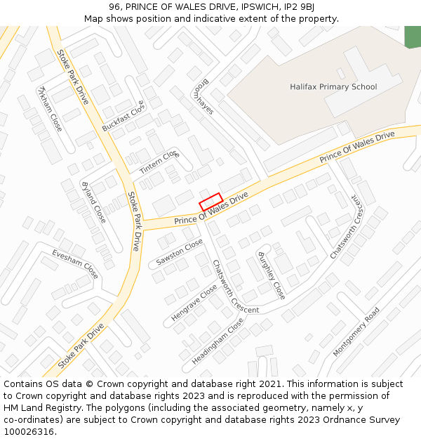 96, PRINCE OF WALES DRIVE, IPSWICH, IP2 9BJ: Location map and indicative extent of plot