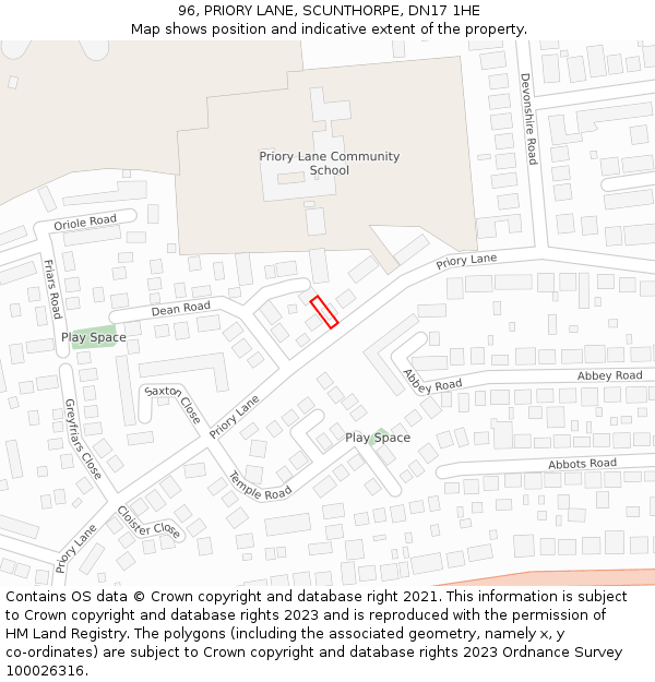 96, PRIORY LANE, SCUNTHORPE, DN17 1HE: Location map and indicative extent of plot