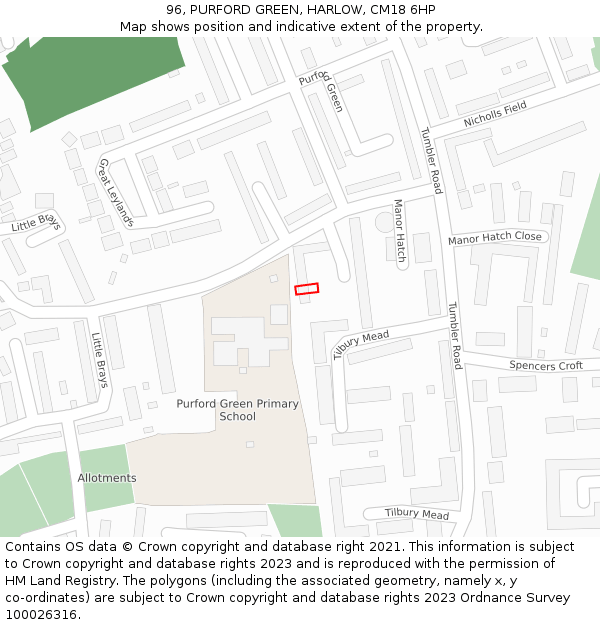 96, PURFORD GREEN, HARLOW, CM18 6HP: Location map and indicative extent of plot