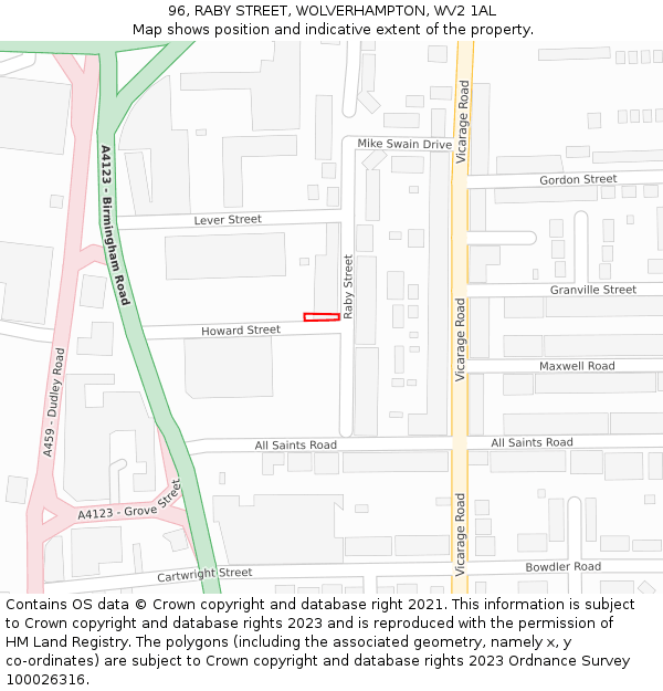 96, RABY STREET, WOLVERHAMPTON, WV2 1AL: Location map and indicative extent of plot
