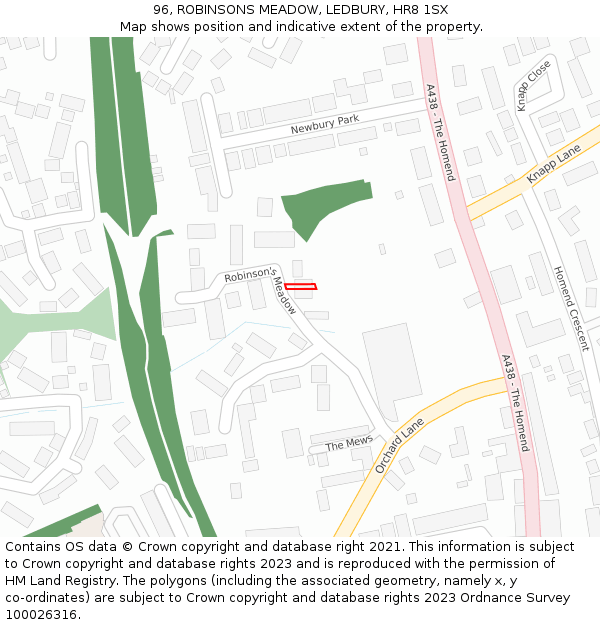 96, ROBINSONS MEADOW, LEDBURY, HR8 1SX: Location map and indicative extent of plot