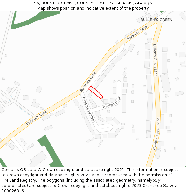 96, ROESTOCK LANE, COLNEY HEATH, ST ALBANS, AL4 0QN: Location map and indicative extent of plot