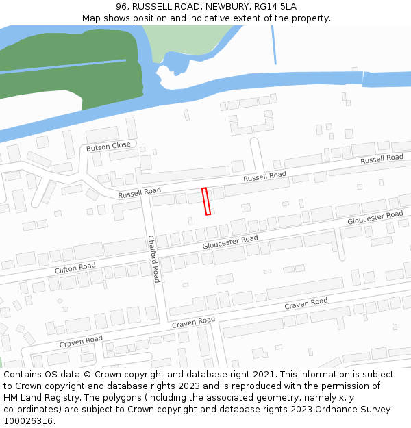 96, RUSSELL ROAD, NEWBURY, RG14 5LA: Location map and indicative extent of plot