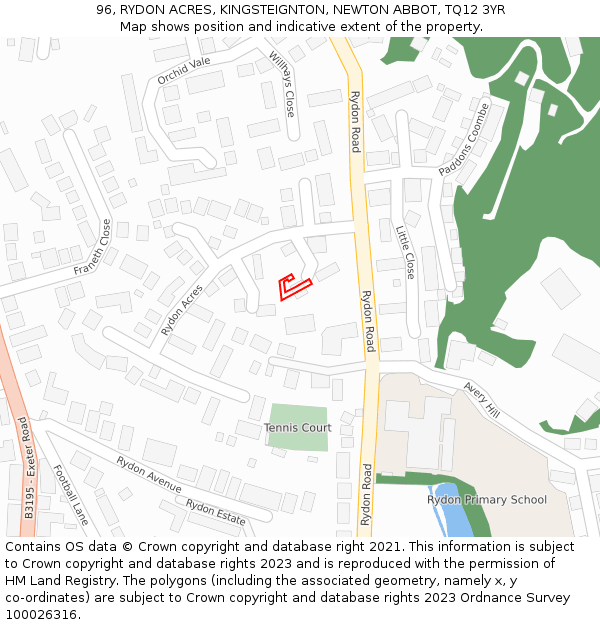 96, RYDON ACRES, KINGSTEIGNTON, NEWTON ABBOT, TQ12 3YR: Location map and indicative extent of plot