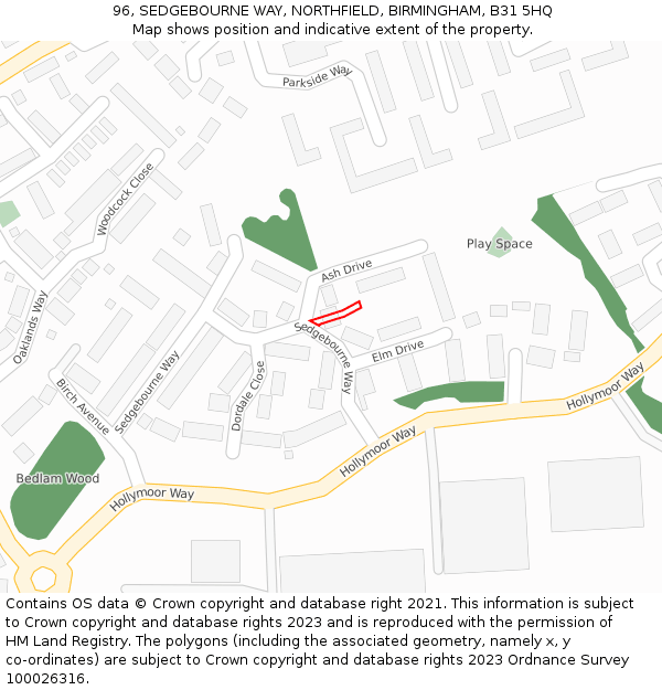 96, SEDGEBOURNE WAY, NORTHFIELD, BIRMINGHAM, B31 5HQ: Location map and indicative extent of plot