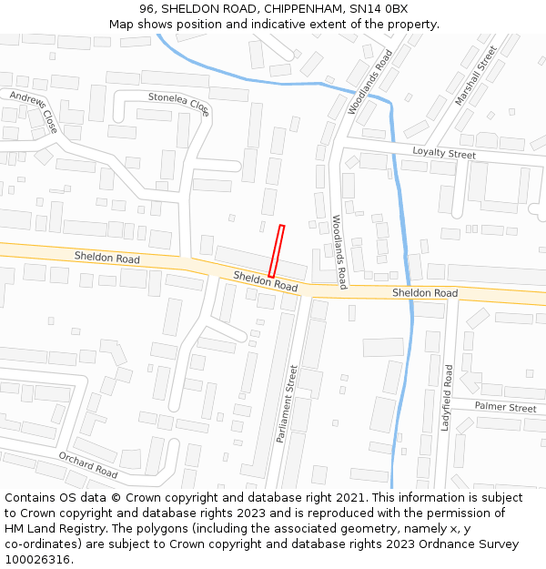 96, SHELDON ROAD, CHIPPENHAM, SN14 0BX: Location map and indicative extent of plot