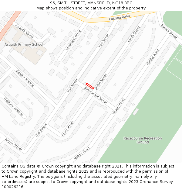 96, SMITH STREET, MANSFIELD, NG18 3BG: Location map and indicative extent of plot